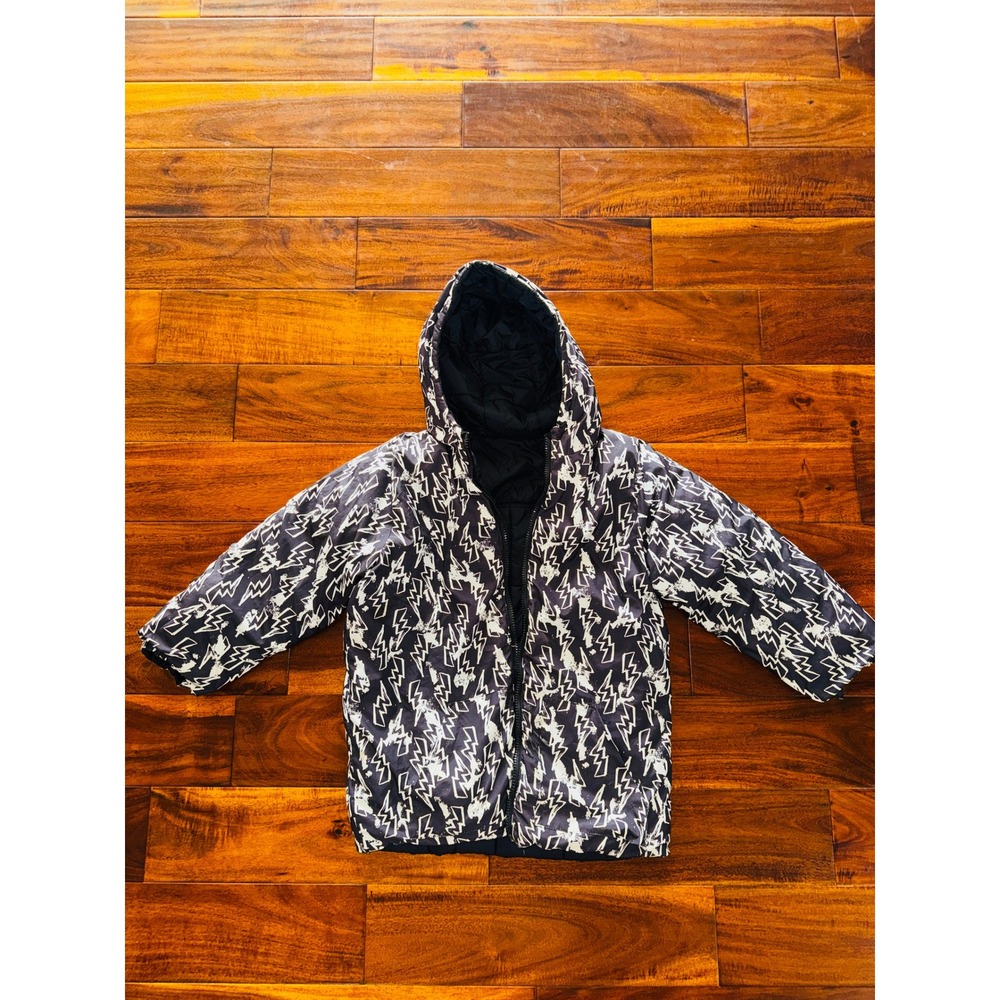 Grisino Boys Lightning Bolt Print Hooded Puffer Jacket Black White Full Zip Coat